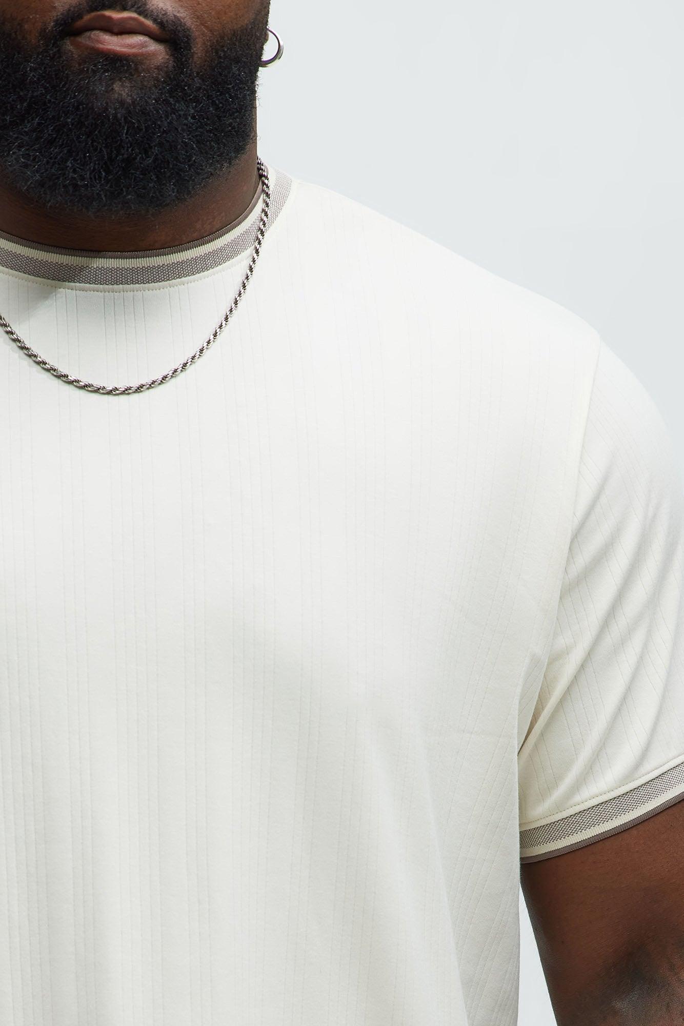 Textured Tipped Neckline Short Sleeve Tee - Cream Product Image
