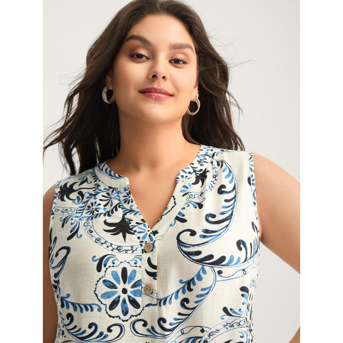 Plus Size Silhouette Floral Print Tank Top Women Mediumblue Timeless Contrast Flat collar with V-notch Elegant Tank Tops Camis BloomChic 30/6X Product Image
