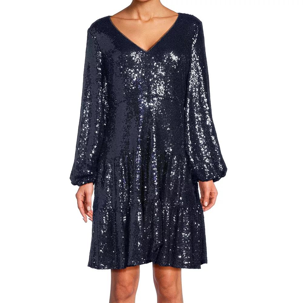 Women's Focus By Shani Fit & Flare V-Neck Sequin Dress, Size: 14, Blue Product Image