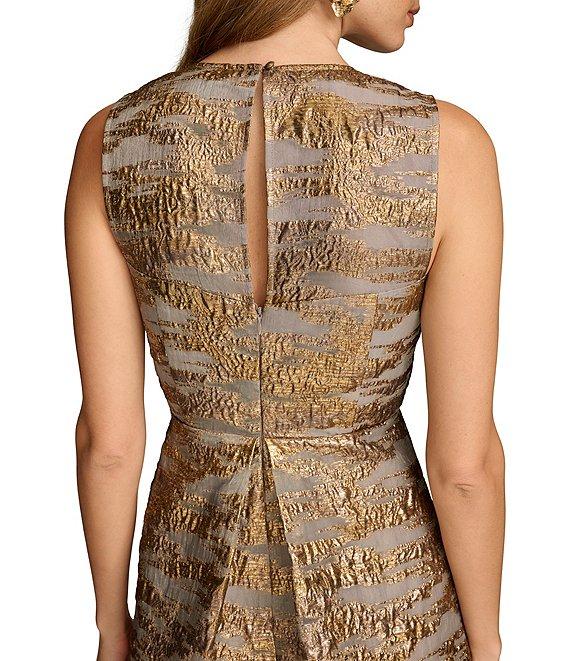 Donna Karan Brocade Crew Neck Sleeveless Metallic A-Line Midi Dress Product Image