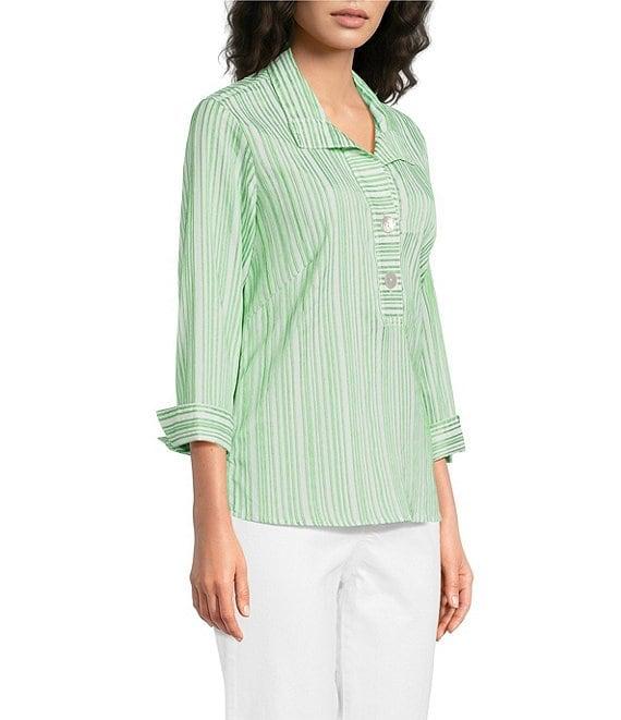 Ali Miles Woven Yarn-Dyed Stripe Wire Collar 3/4 Sleeve Button Front Placket Shirt Product Image