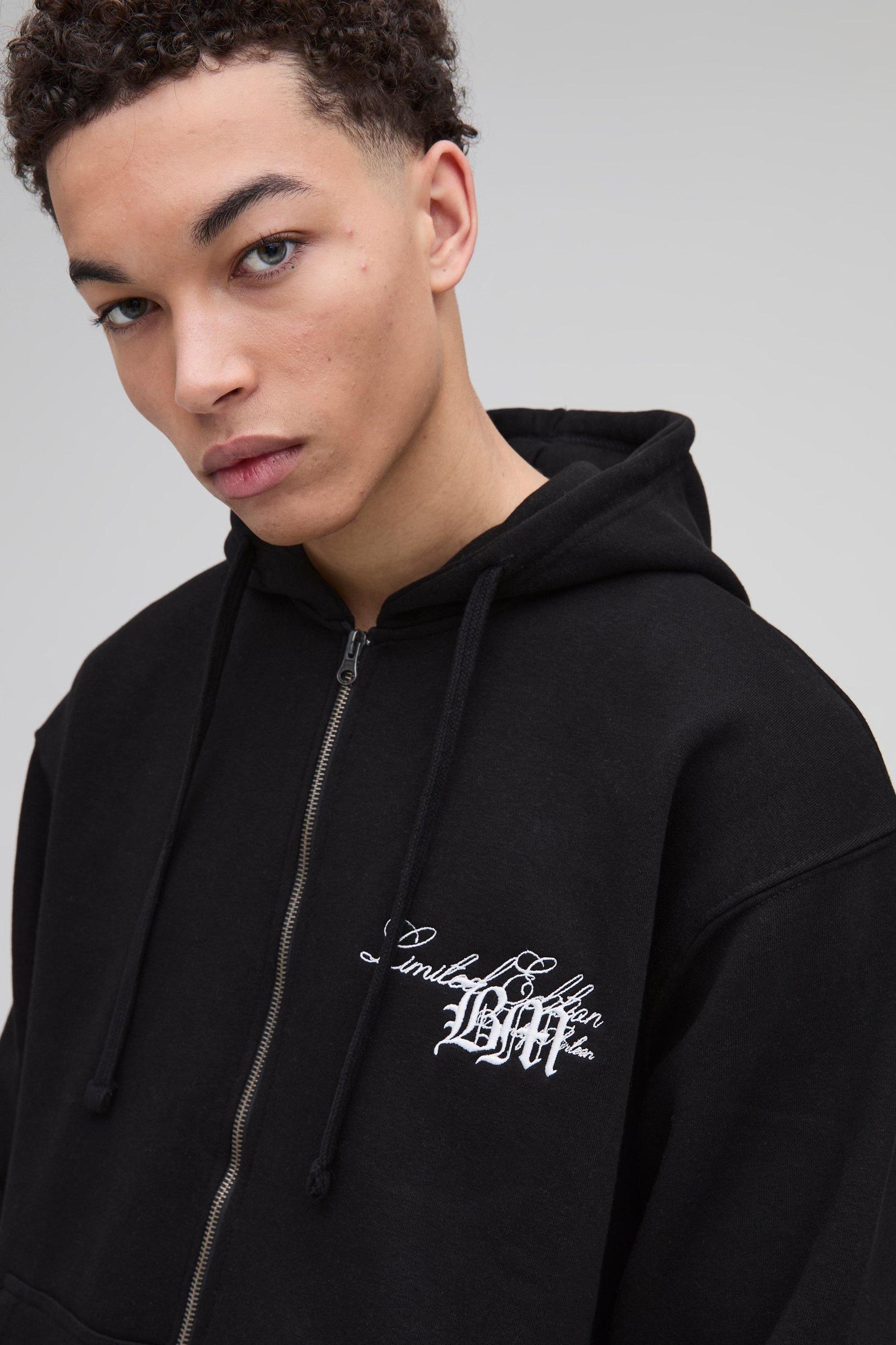 Oversized BM 3D Embroidered Zip Through Hoodie | boohooMAN USA Product Image