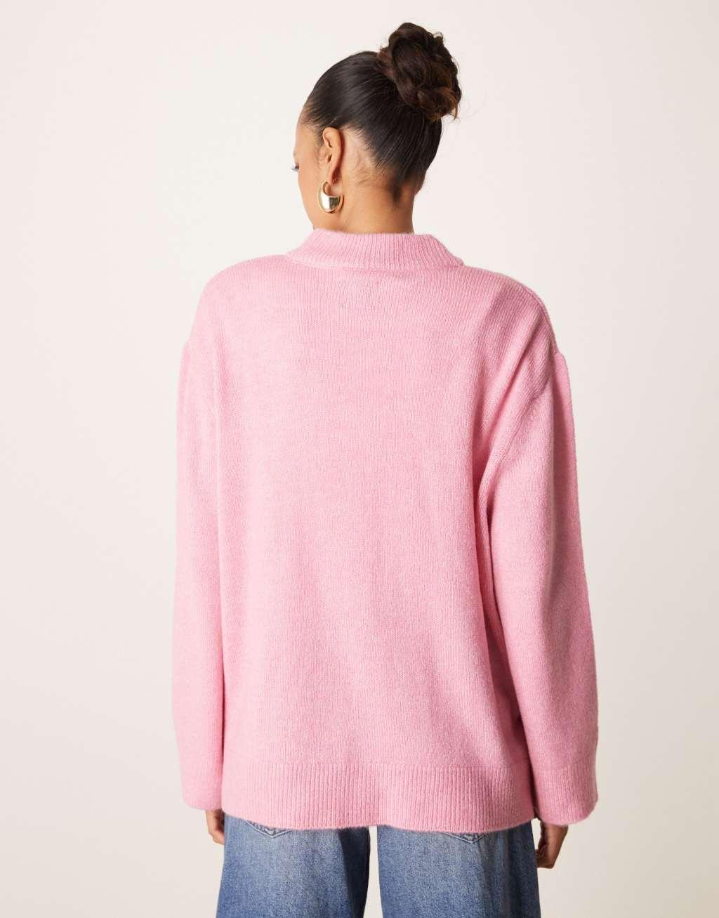 ASOS DESIGN oversized knitted crew neck sweater in soft pink Product Image