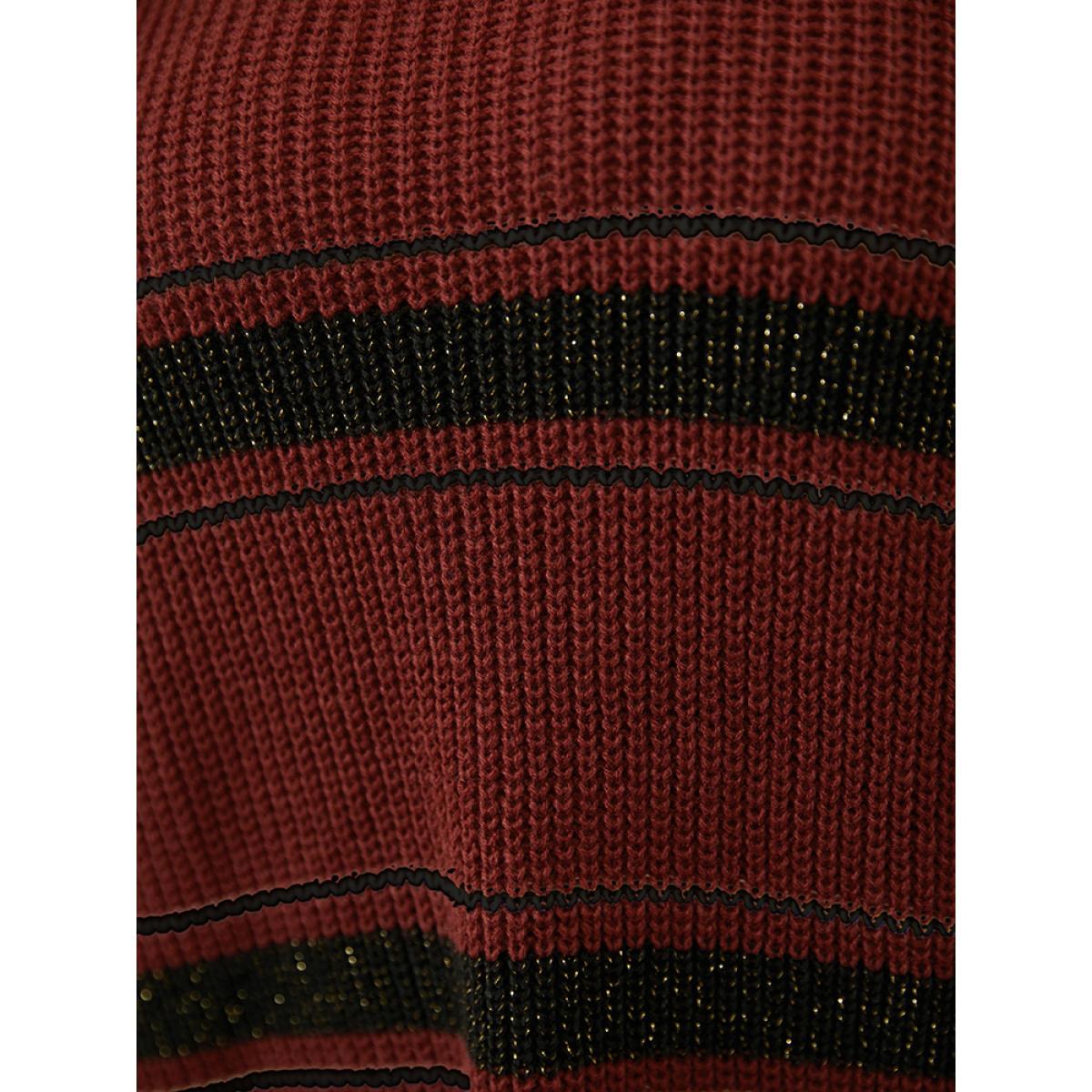 Plus Size Striped Contrast Pointelle Knit Lantern Sleeve Round Neck Knit Top Scarlet Women Casual Loose Long Sleeve Round Neck Dailywear Pullovers BloomChic 18-20/2X Product Image