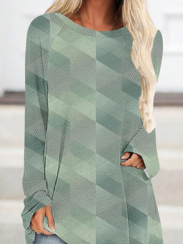 High-Low Long Sleeves Printed Round-Neck T-Shirts Tops Product Image