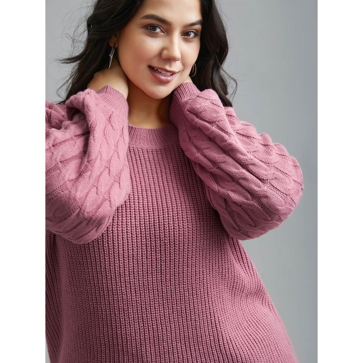 Plus Size Round Neck Textured Cable Knit Pullover Beanpastepowder Women Casual Loose Long Sleeve Round Neck Everyday Pullovers BloomChic 18-20/2X Product Image
