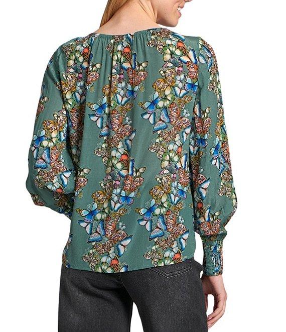 APNY Woven Printed Round Neck Long Sleeve Smocked Blouse Product Image