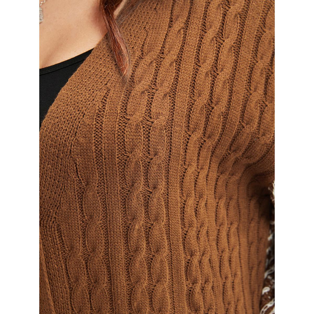 Plus Size Gingham Contrast Soft Sexy Yarn Knit Cable Knit Button Front Cardigan Bronze Women Casual Loose Long Sleeve Dailywear Cardigans BloomChic 10/M Product Image