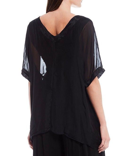M Made in Italy V-Neck Sheer Sleeve Coordinating Sharkbite Hem Silky Woven Top Product Image
