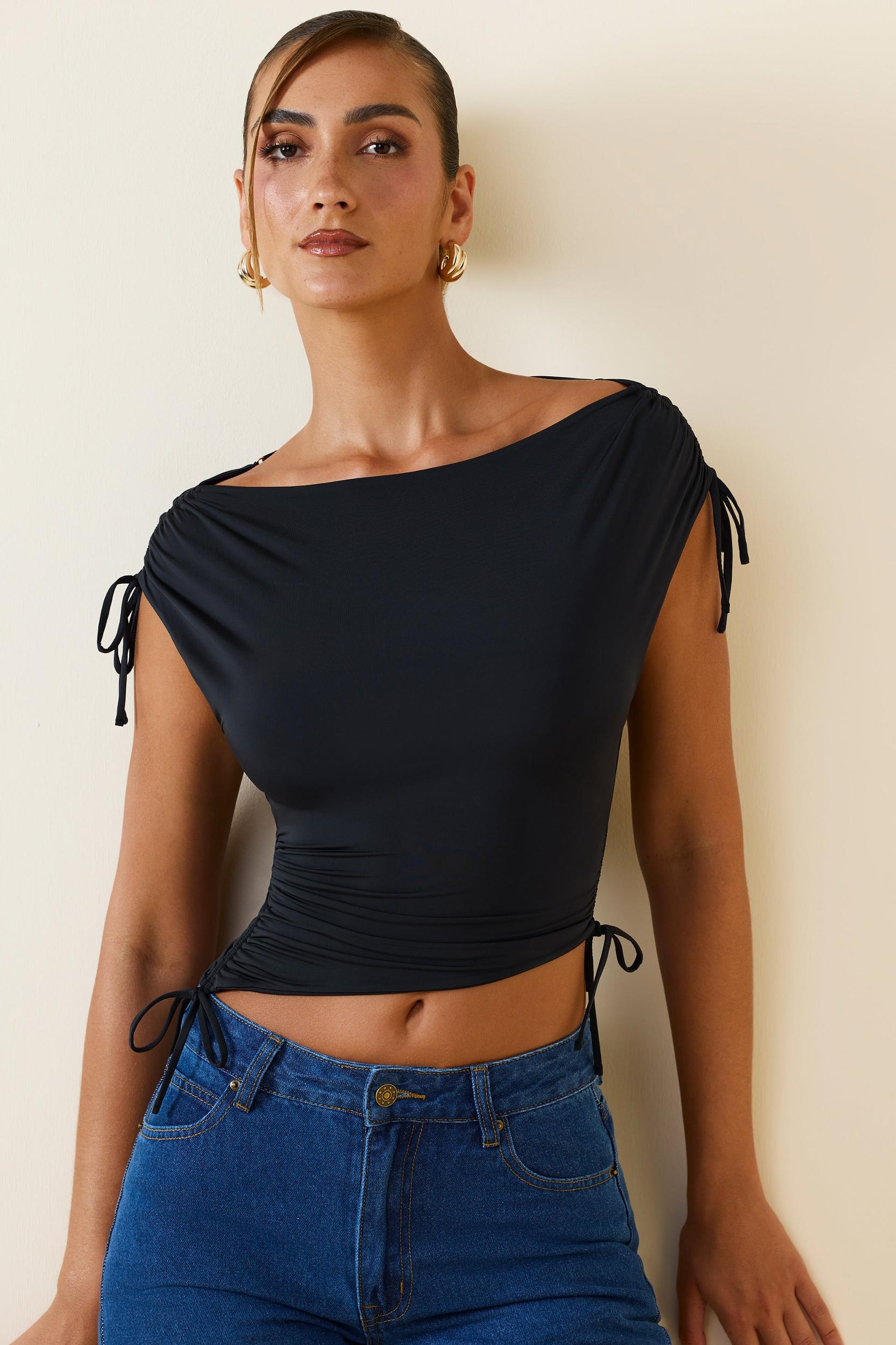 Asymmetric Ruched Cowl-Back Crop Top in Black Product Image