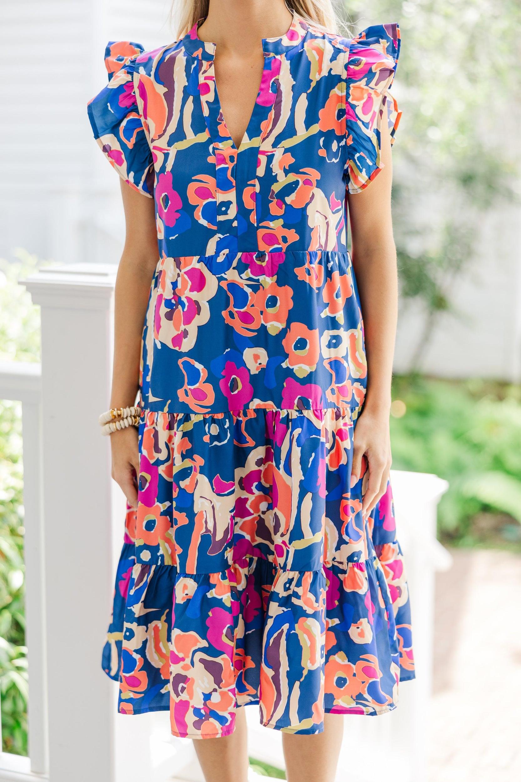 Make It Your Own Navy Blue Floral Tiered Dress Female Product Image