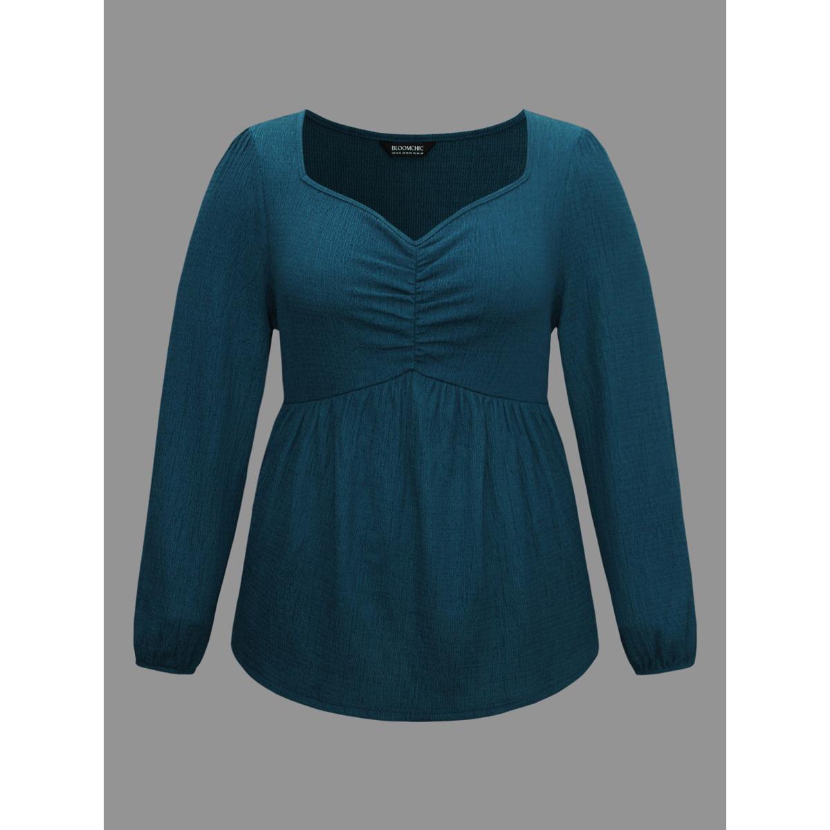 Plus Size Aegean Heart Neckline Solid Gathered Blouse Women Elegant Long Sleeve Heart neckline Everyday Blouses BloomChic 30/6X Product Image