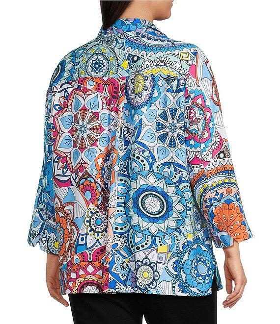 Ali Miles Plus Size Medallion Print Wire Collar 3/4 Sleeves Button Front Tunic Product Image