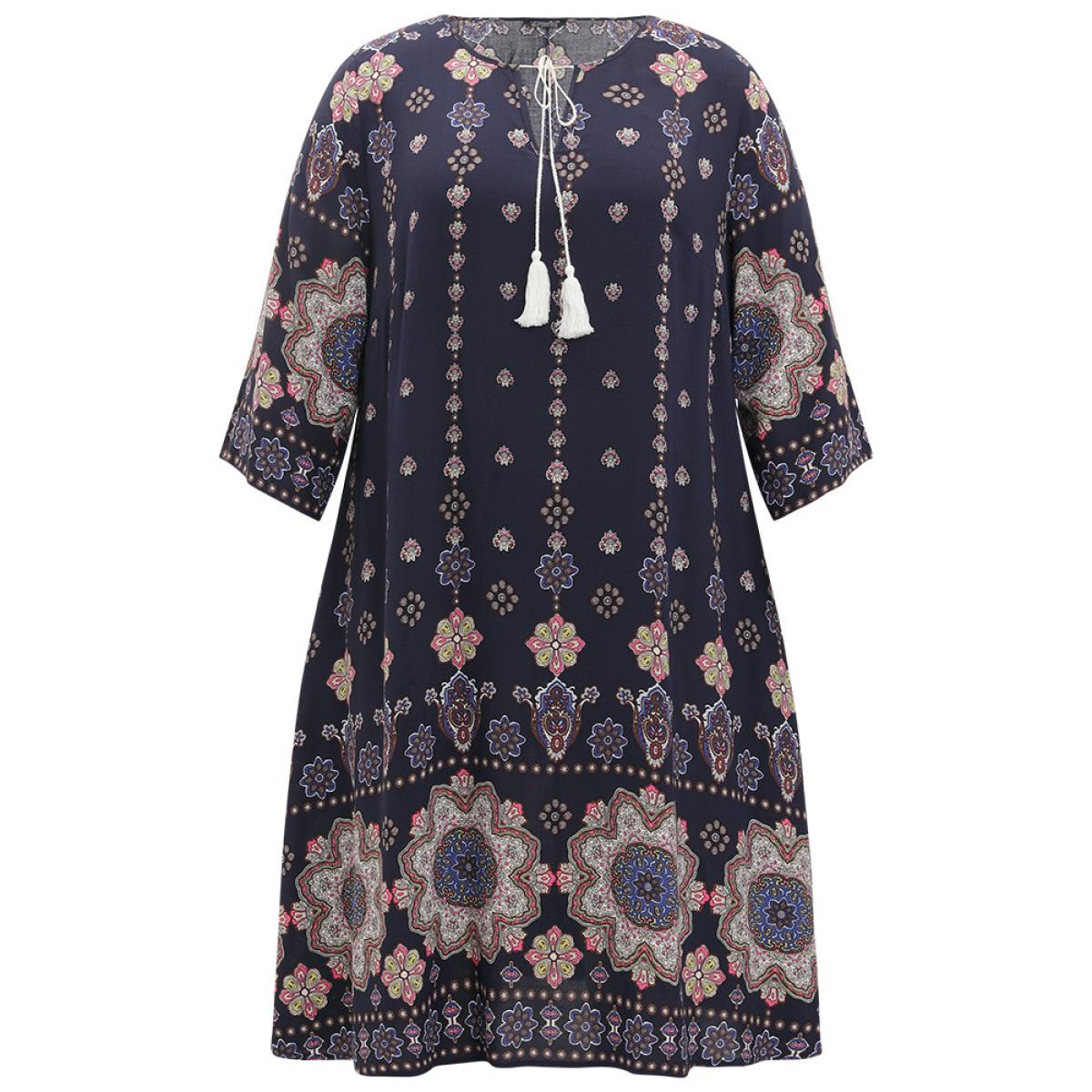 Plus Size Bandana Print Ties Pocket Tassels Detail Dress Scarlet Women Vacation Tassels V-neck Elbow-length sleeve Curvy Midi Dress BloomChic 28/5X Product Image