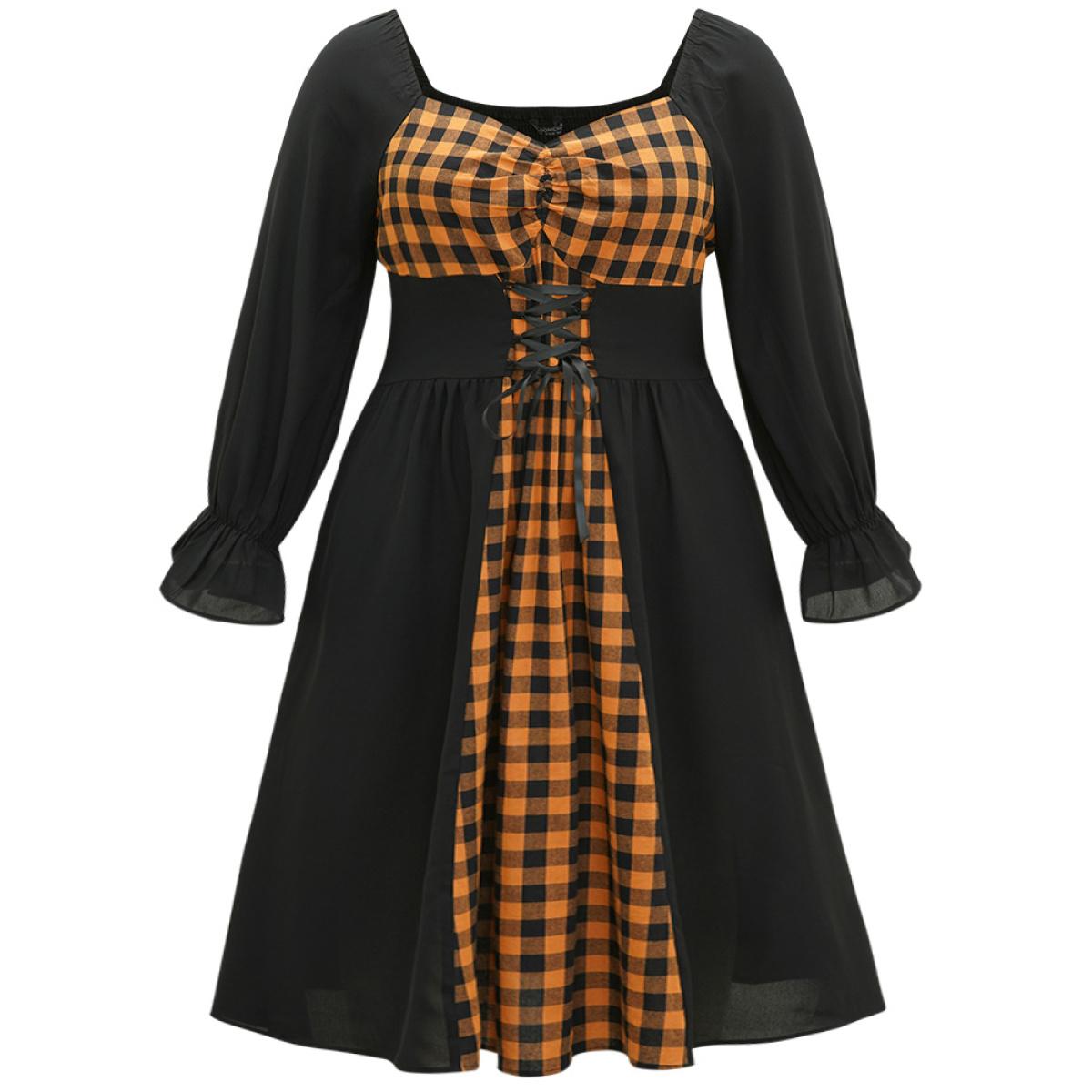 Plus Size Halloween Gingham Patchwork Ruched Ties Dress Black Women Casual Cross straps Square Neck Long Sleeve Curvy Midi Dress BloomChic 14-16/1X Product Image