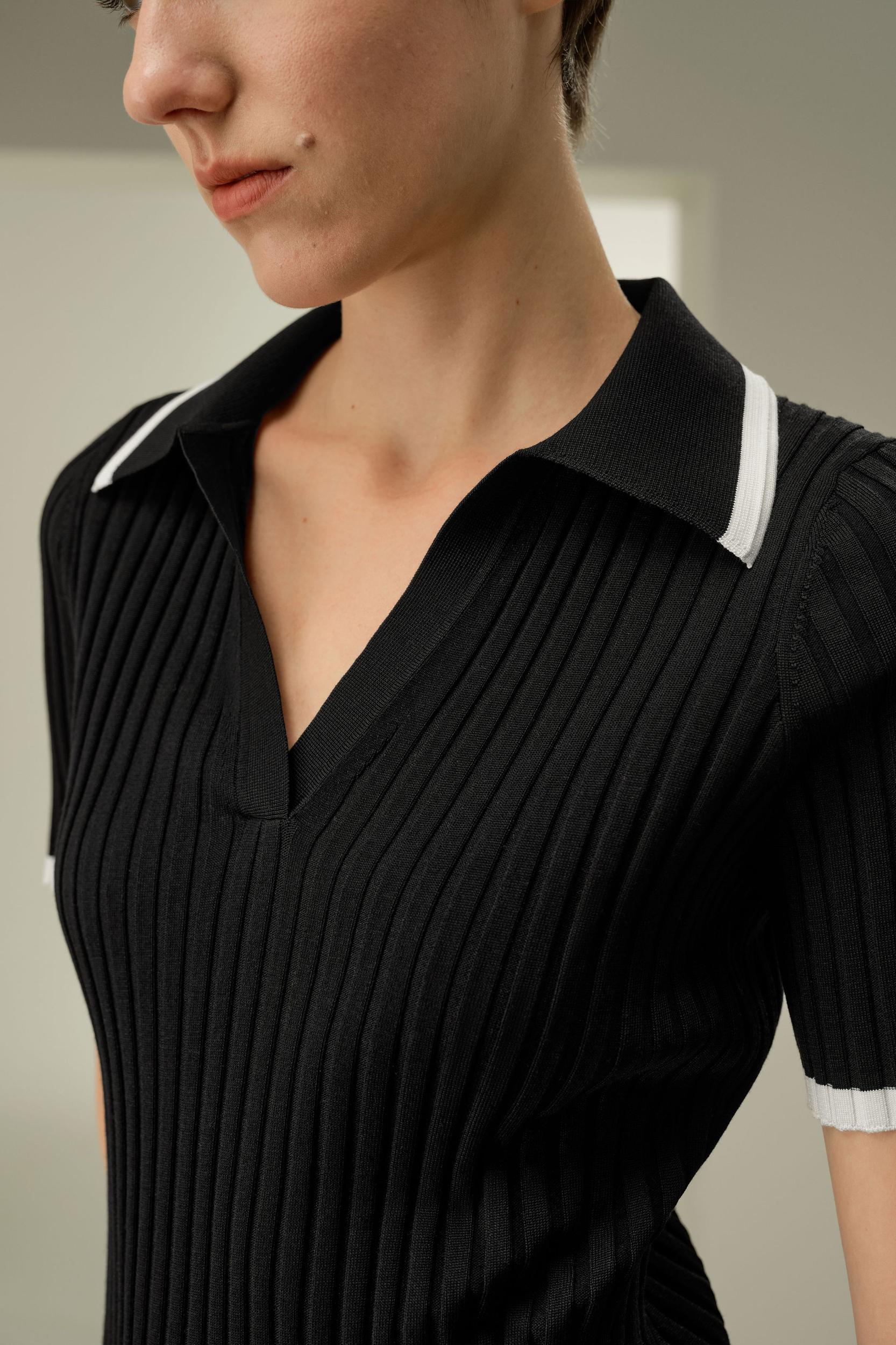 Slim Fit Silk Knit V-Neck Collared Top Product Image