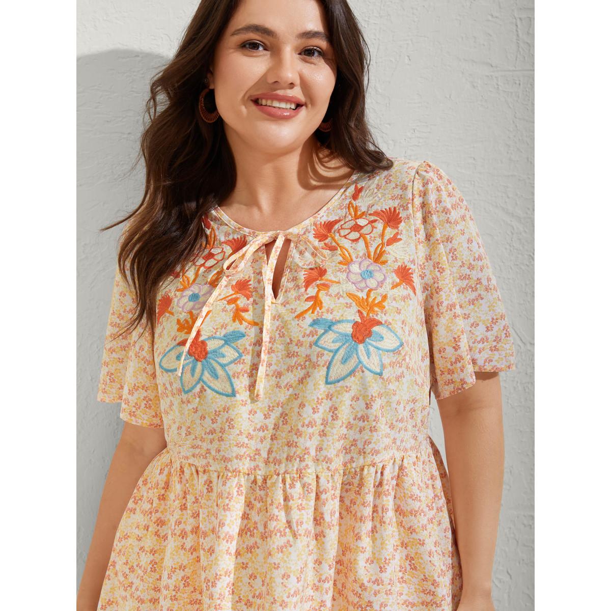 Plus Size Lightyellow Floral Embroidery Neck Tie Blouse Women Resort Half Sleeve V-neck Vacation Blouses BloomChic 18-20/2X Product Image