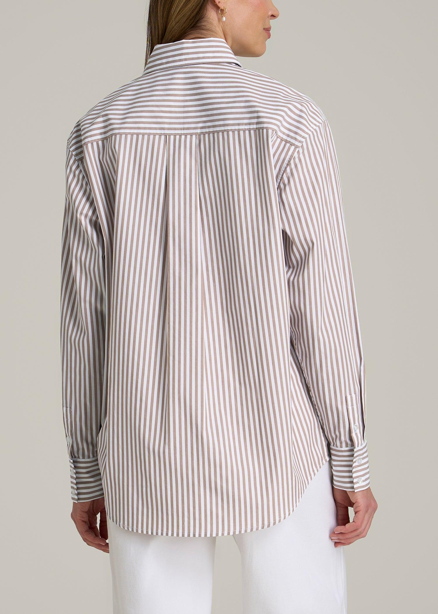 Relaxed Poplin Button-Up Shirt for Tall Women in Brown and White Stripe Female Product Image