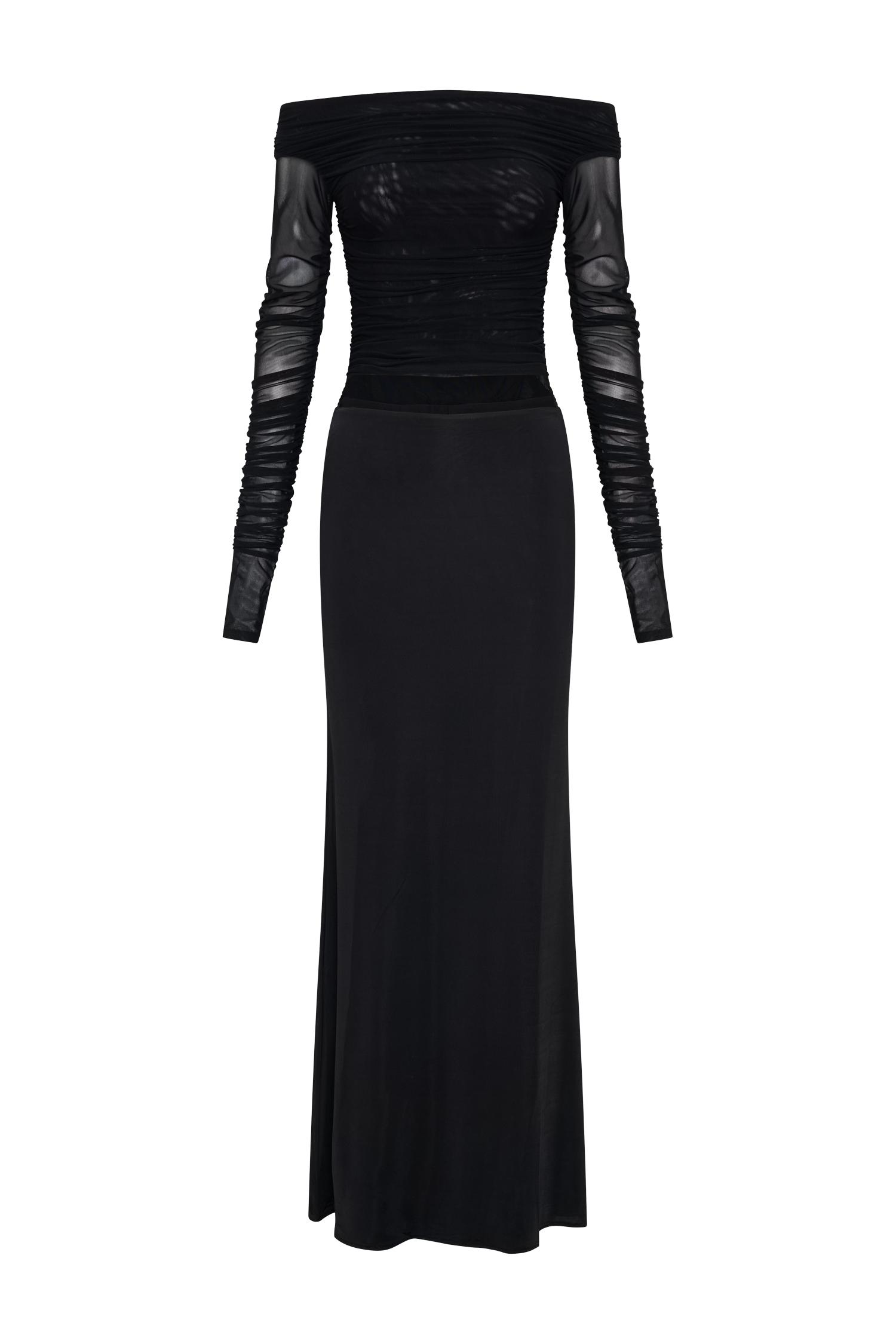 Darla Mesh And Slinky Off Shoulder Maxi Dress - Black Product Image