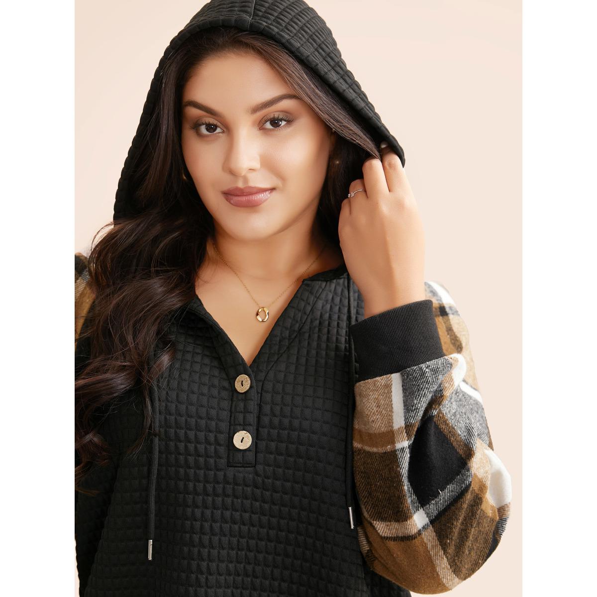 Plus Size Plaid Patchwork Hooded Raglan Sleeve Sweatshirt Women Black Casual Texture Hooded Everyday Sweatshirts BloomChic 18-20/2X Product Image
