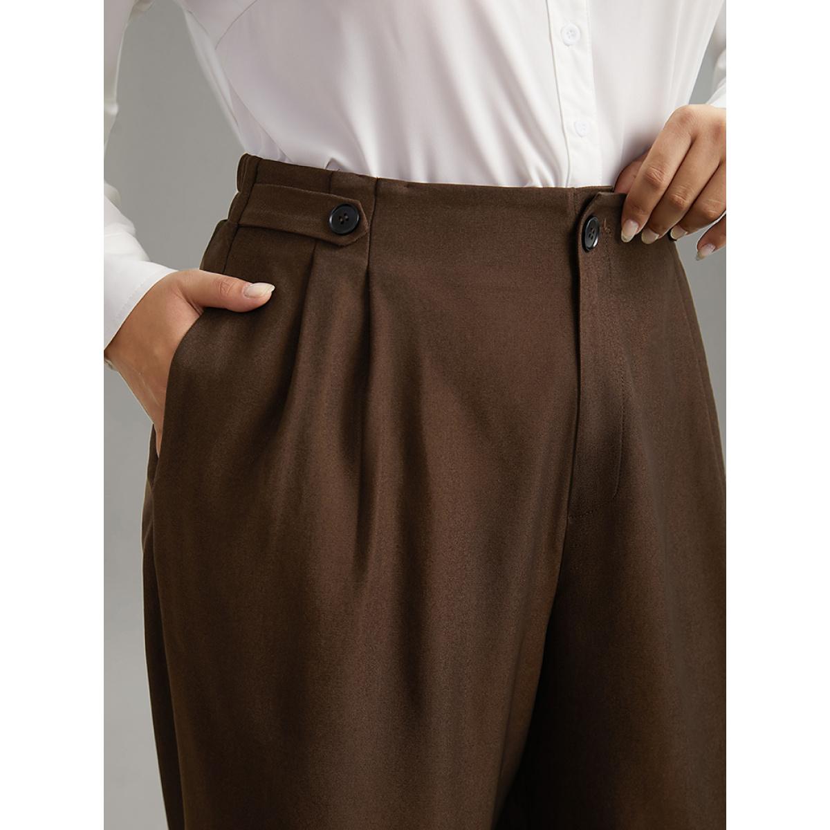 Plus Size Solid Elastic Waist Plicated Detail Straight Leg Pants Women DarkBrown Office Straight Leg High Rise Office Pants BloomChic 10/M Product Image