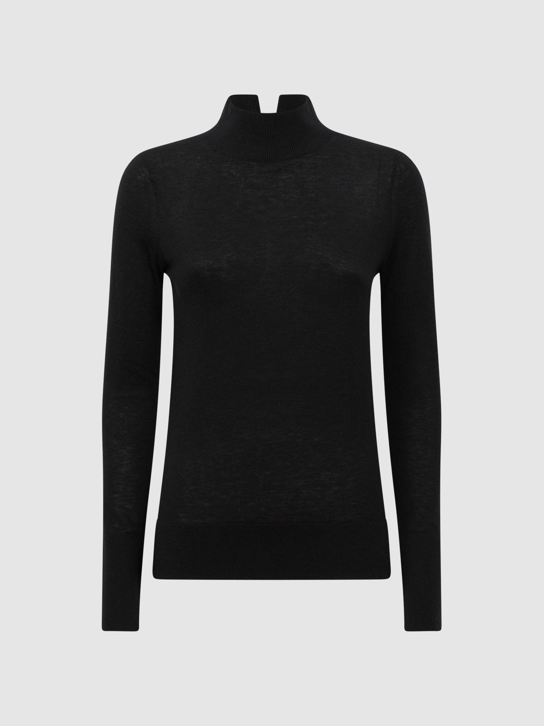 Merino Wool Fitted Funnel Neck Top in Black Product Image