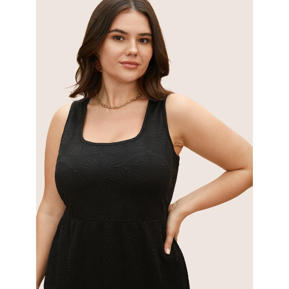 Plus Size Square Neck Slim Fit Plain Textured Dress Black Women Elegant Texture Square Neck Sleeveless Curvy BloomChic 12/L Product Image