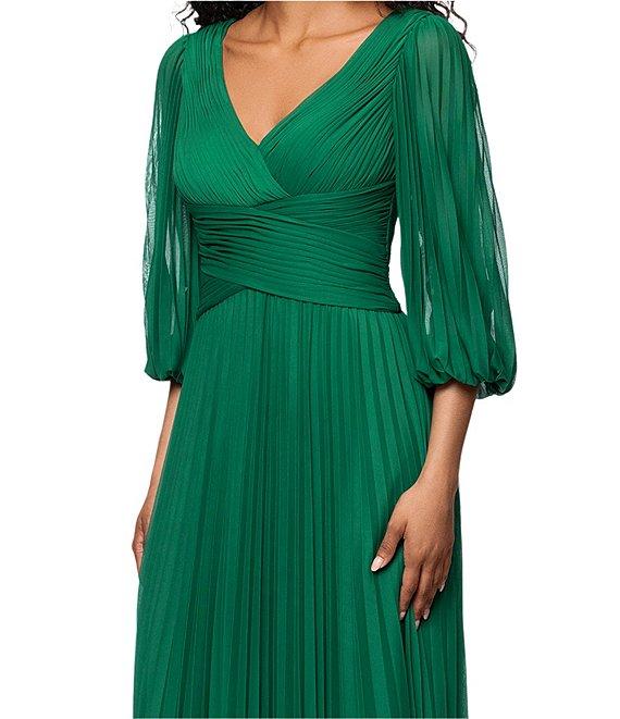Betsy & Adam Petite Size Sheer Matte Jersey 3/4 Puff Sleeve Pleated Gown Product Image