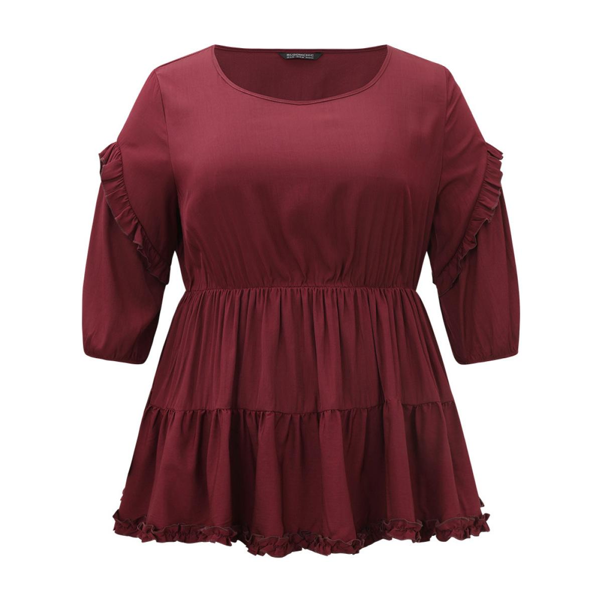 Plus Size Burgundy Plain Frill Trim Layered Hem Lantern Sleeve Blouse Women Elegant Elbow-length sleeve Round Neck Dailywear Blouses BloomChic 22-24/3X Product Image