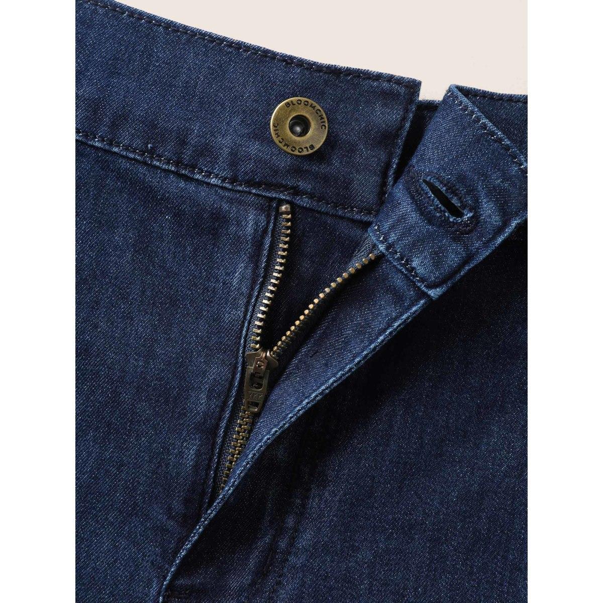 Plus Size Dark Wash Slanted Pocket Loose Denim Shorts Women Denimindigo Button Medium stretch Everyday Slanted pocket Casual Denim Shorts BloomChic 12/L Product Image