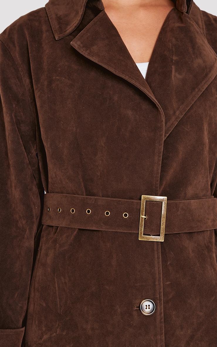 Chocolate Faux Suede Buckle Belt Trench Coat Product Image