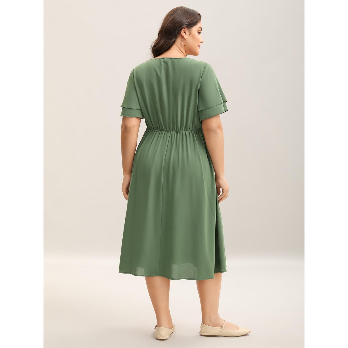 Plus Size Split Neck Tie Layered Sleeve Midi Dress ArmyGreen Women Casual Tie knot V-neck Short sleeve Curvy BloomChic 26/4X Product Image