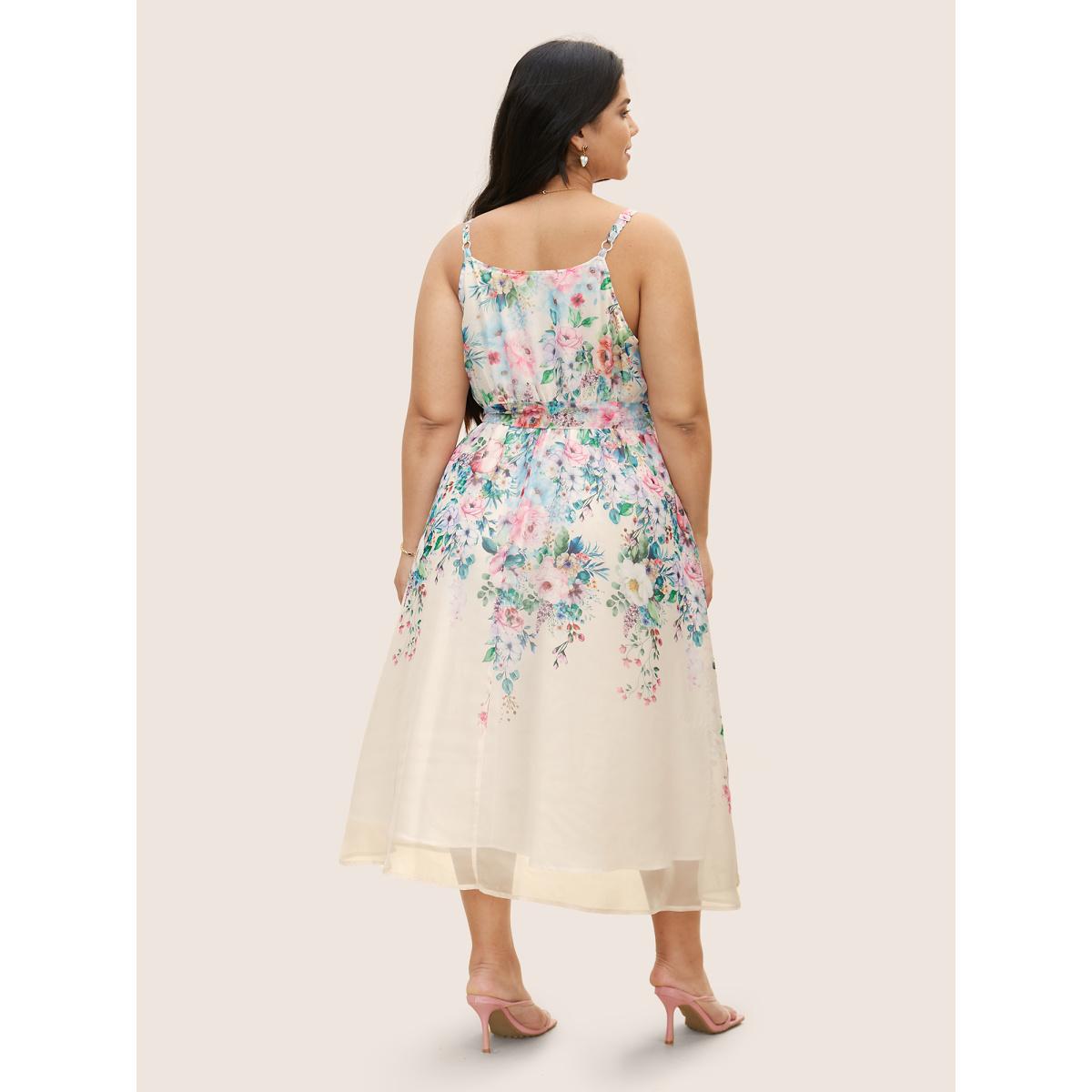 Plus Size Floral Mesh Elastic Waist Belted Cami Dress Champagne Women Elegant Belted U-neck Sleeveless Curvy BloomChic 30/6X Product Image