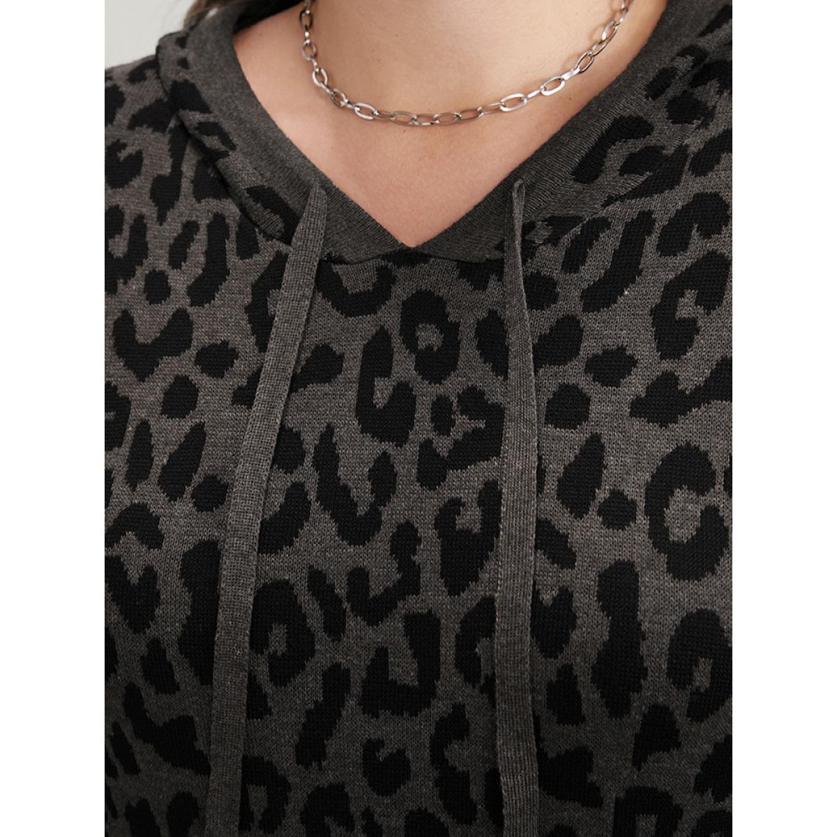 Plus Size Leopard Contrast Pointelle Knit Pocket Drawstring Hooded Knit Top DimGray Women Casual Long Sleeve Hooded Dailywear Pullovers BloomChic 28/5X Product Image