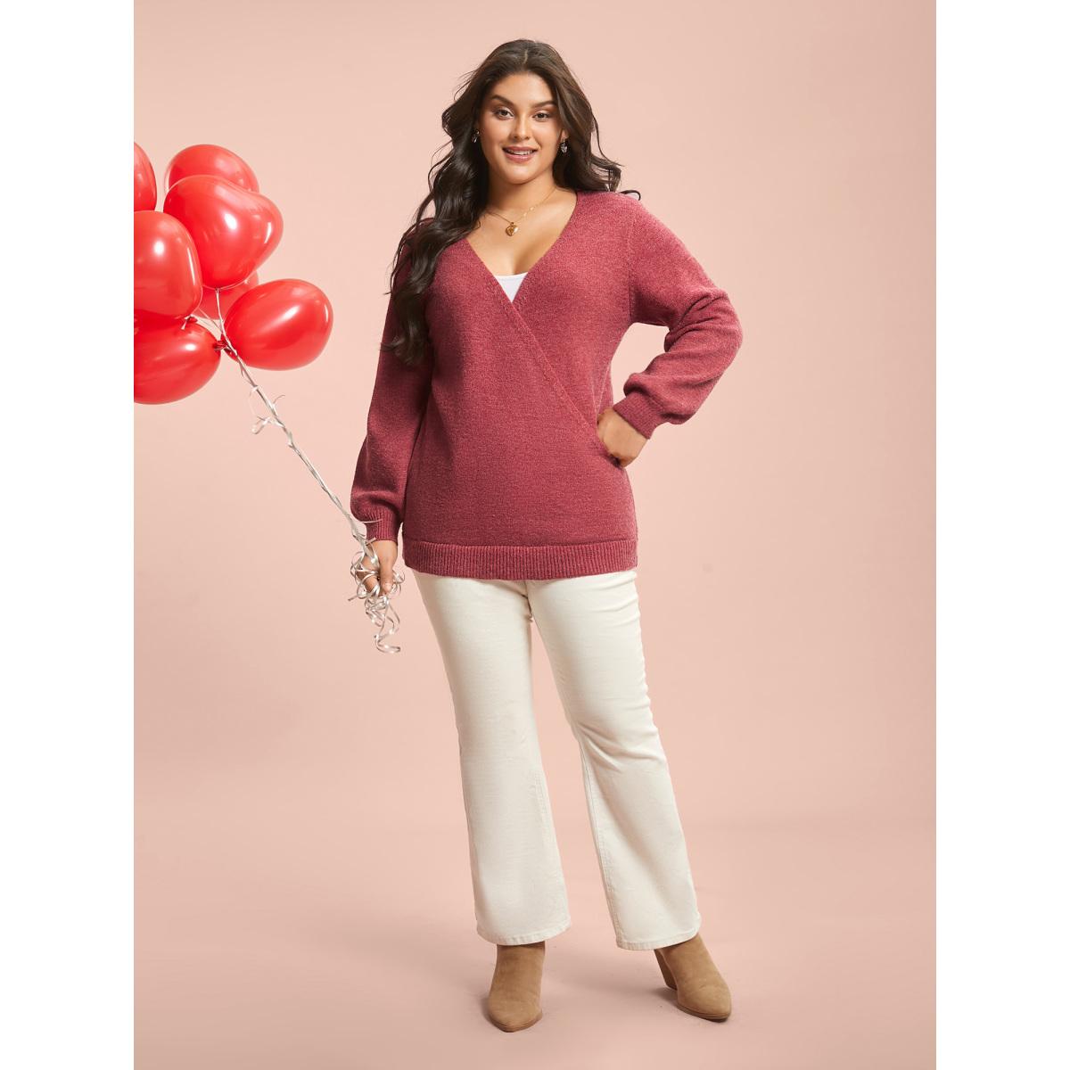 Plus Size Surplice Neck Solid Textured Pullover Scarlet Women Casual Loose Long Sleeve Overlap Collar Everyday Pullovers BloomChic 18-20/2X Product Image