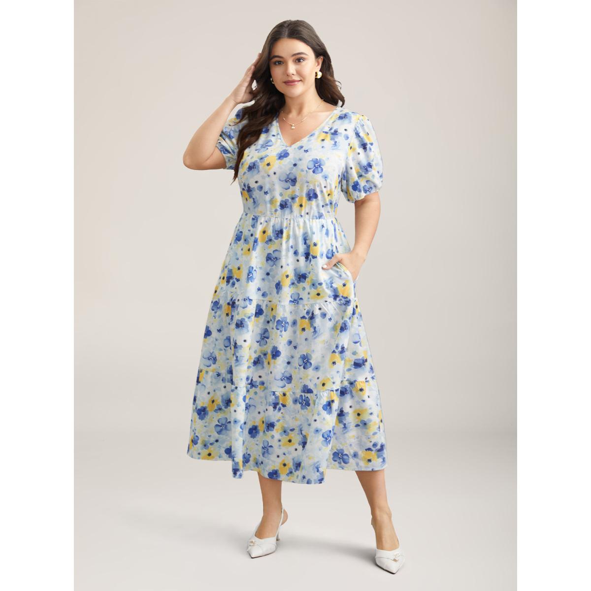 Plus Size Blooming Flowers Puff Sleeve Stretchy-Waist Dress LightBlue Women Elegant Non V-neck Short sleeve Curvy BloomChic 14-16/1X Product Image