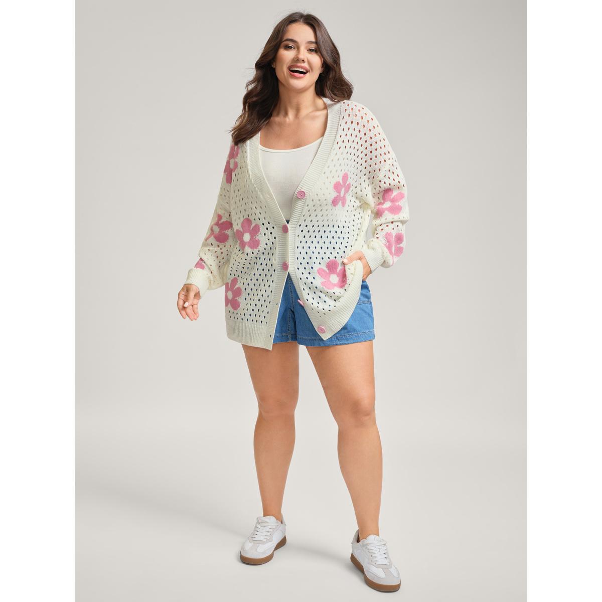 Plus Size Floral Cut-Out Textured Knit Cardigan Apricot Women Playful Loose Long Sleeve Casual Cardigans BloomChic 12/L Product Image