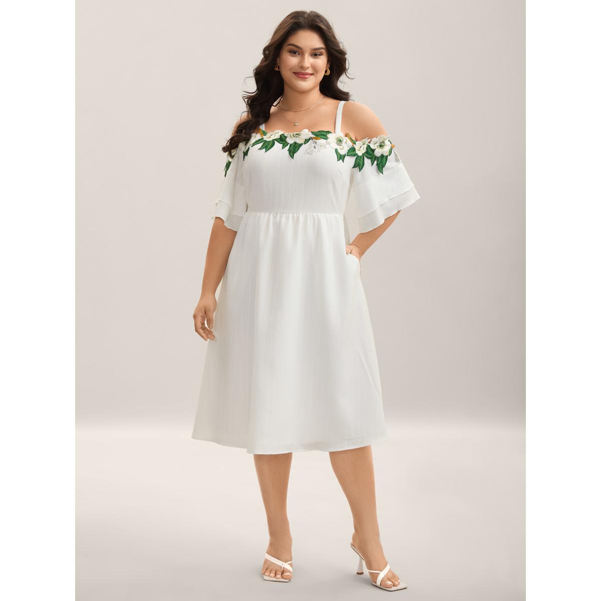Plus Size Floral Lace Off-Shoulder Adjustable Midi Dress Originalwhite Women Romantic Non Sleeveless Curvy BloomChic 26/4X Product Image
