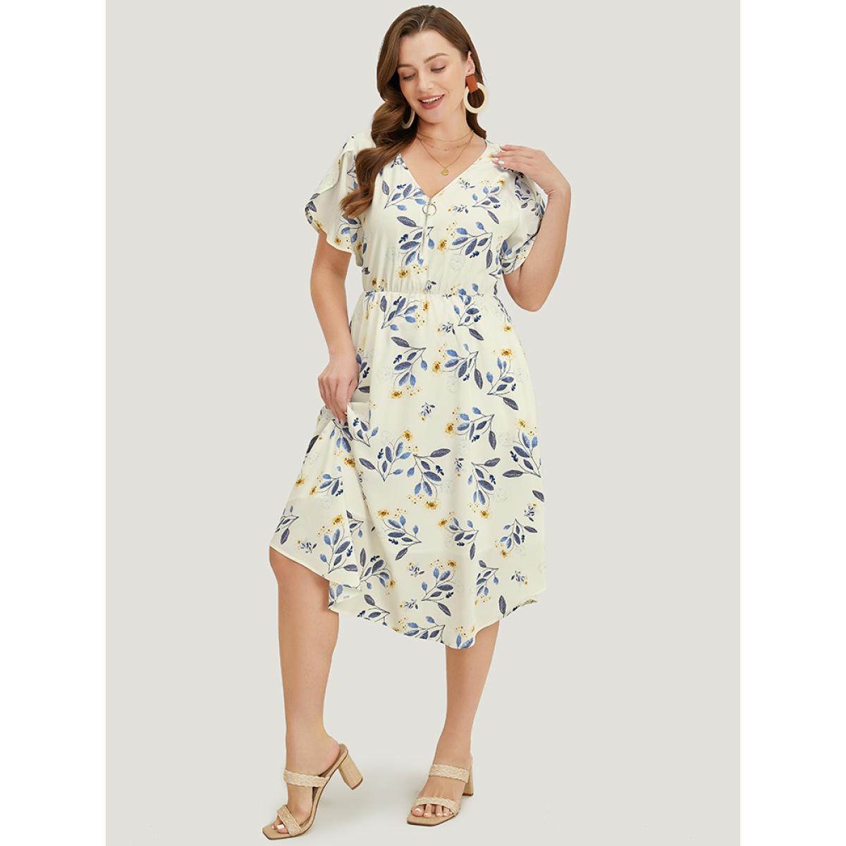 Plus Size Floral Arc Hem Pocket Split Petal Sleeve Zip Up Dress Ivory Women Office Lined V-neck Short sleeve Curvy Midi Dress BloomChic 14-16/1X Product Image