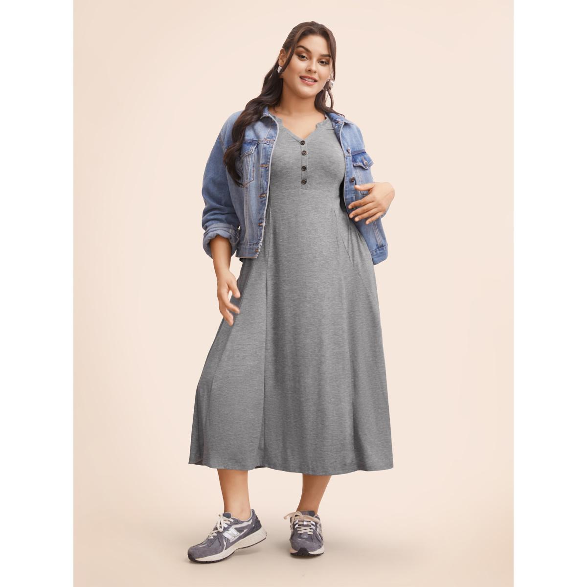 Plus Size Notched Solid Heather Midi Dress Mediumgray Women Casual Button Notched collar Long Sleeve Curvy BloomChic 26/4X Product Image