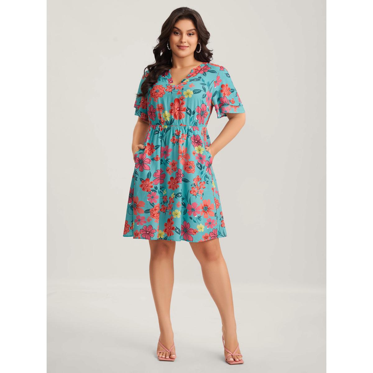 Plus Size Floral Radiance Layered Sleeve Midi Dress Malachitegreen Women Flat collar with V-notch Short sleeve Curvy BloomChic 26/4X Product Image