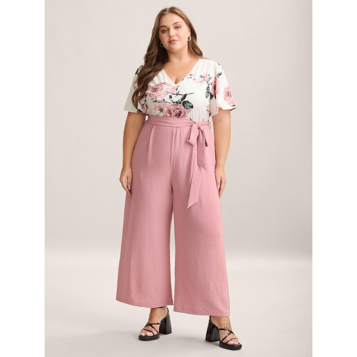 Plus Size Beanpastepowder Floral Print Belted Pockets Spliced Jumpsuit Women Elegant Short sleeve V-neck Everyday-Elegant Loose Jumpsuits BloomChic 22-24/3X Product Image