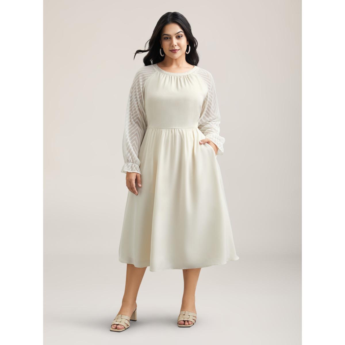 Plus Size Stretchy-Waist Pockets Plain Textured Midi Dress Beige Women Elegant Texture Round Neck Long Sleeve Curvy BloomChic 28/5X Product Image