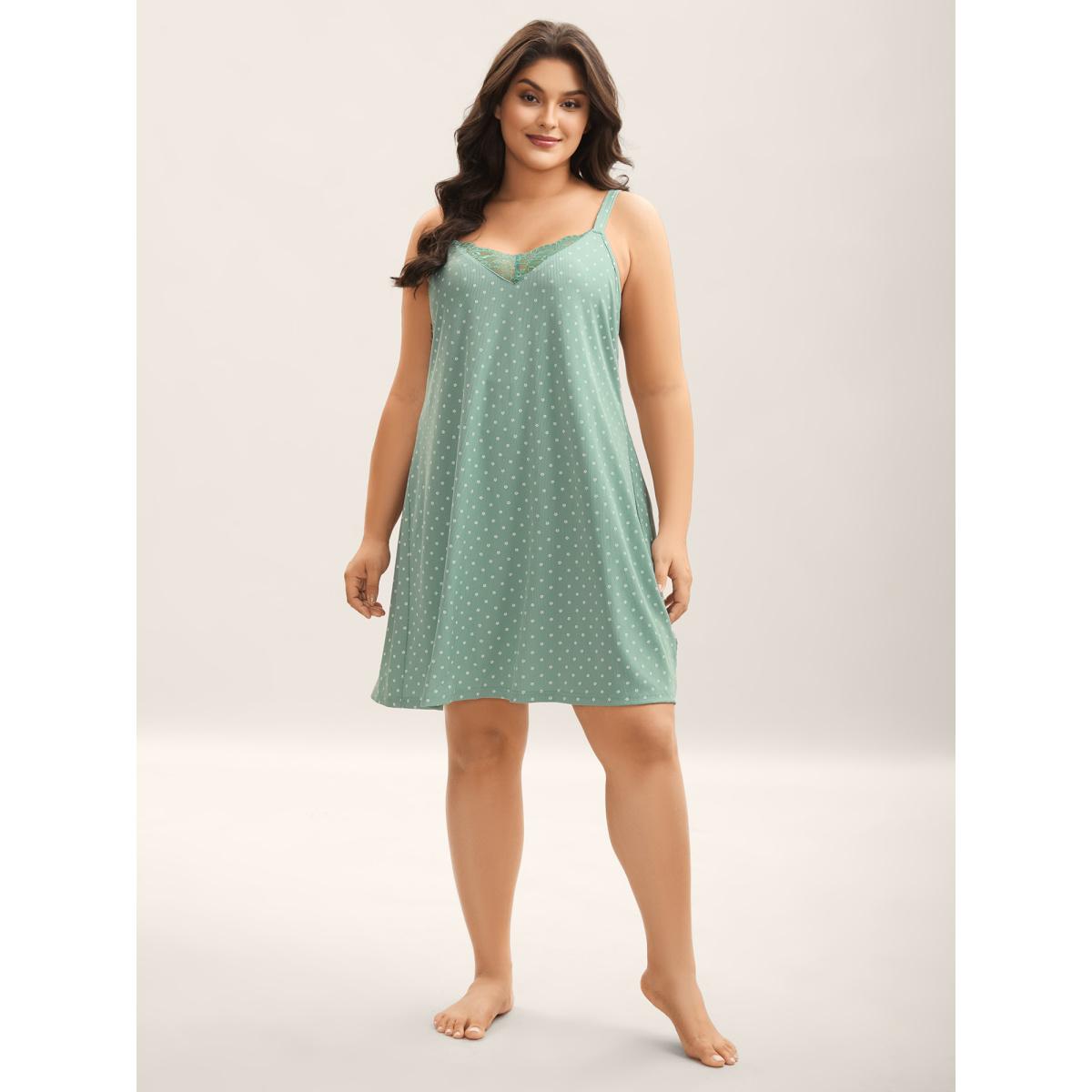 Plus Size Lace Neck Polka Dots Textured Loungewear Women Greenbean Leisure V-neck Loungewear BloomChic 26/4X Product Image