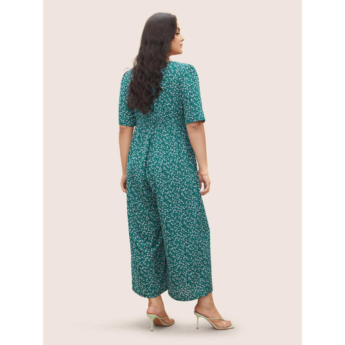 Plus Size DarkGreen Ditsy Floral Button Detail Square Neck Jumpsuit Women Elegant Short sleeve Square Neck Everyday Loose Jumpsuits BloomChic 22-24/3X Product Image