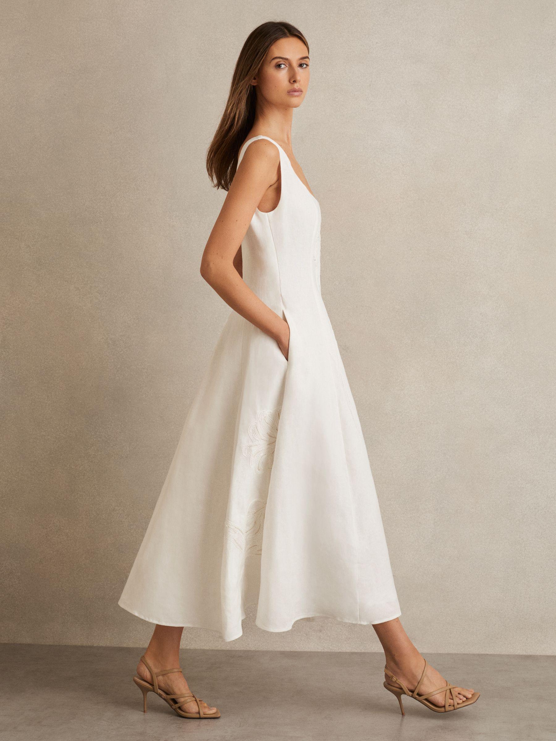 Linen Floral-Embroidered Midi Dress in Ivory Product Image