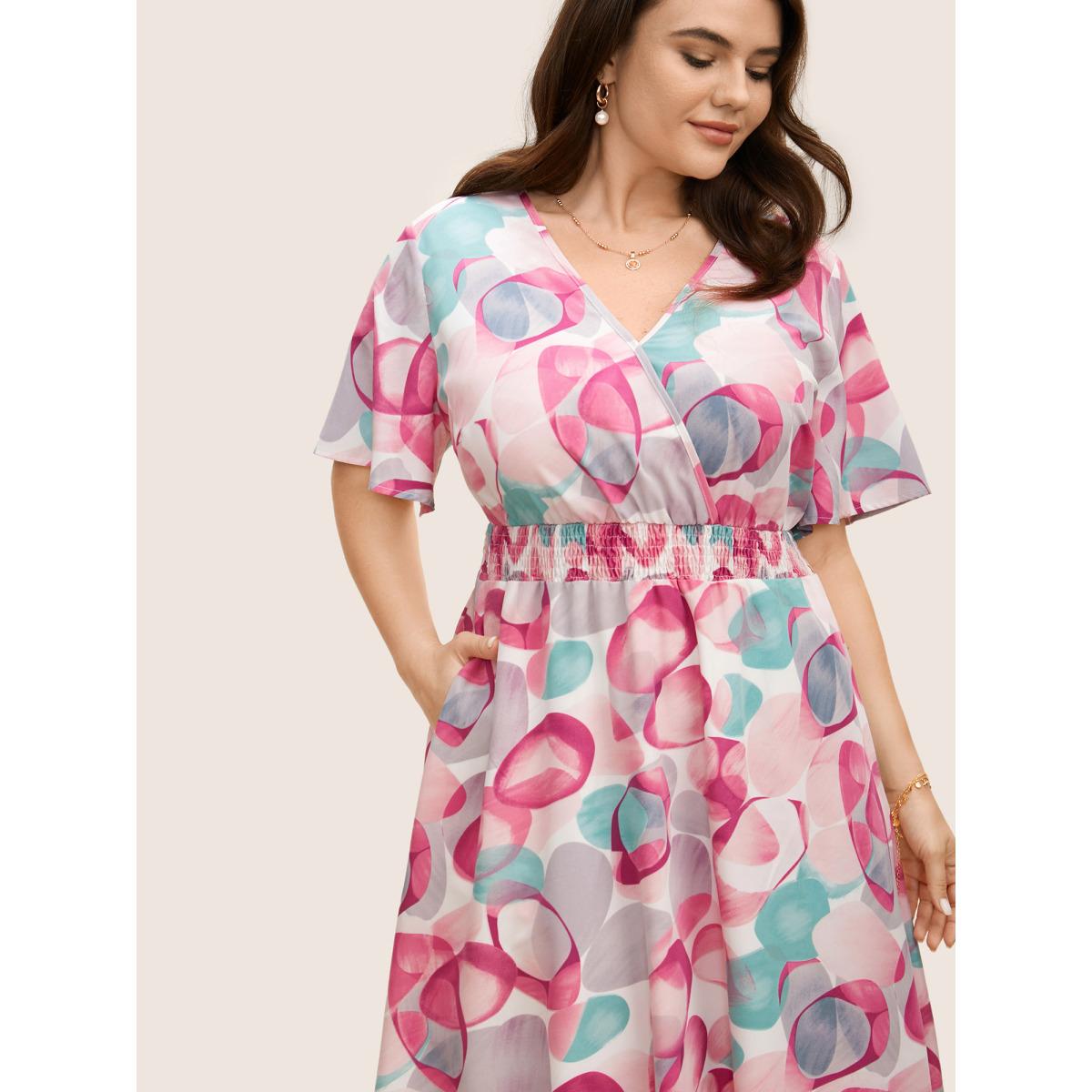 Plus Size Asymmetrical Colorblock Overlap Collar Midi Dress Multicolor Women Elegant Shirred Overlap Collar Short sleeve Curvy BloomChic 22-24/3X Product Image