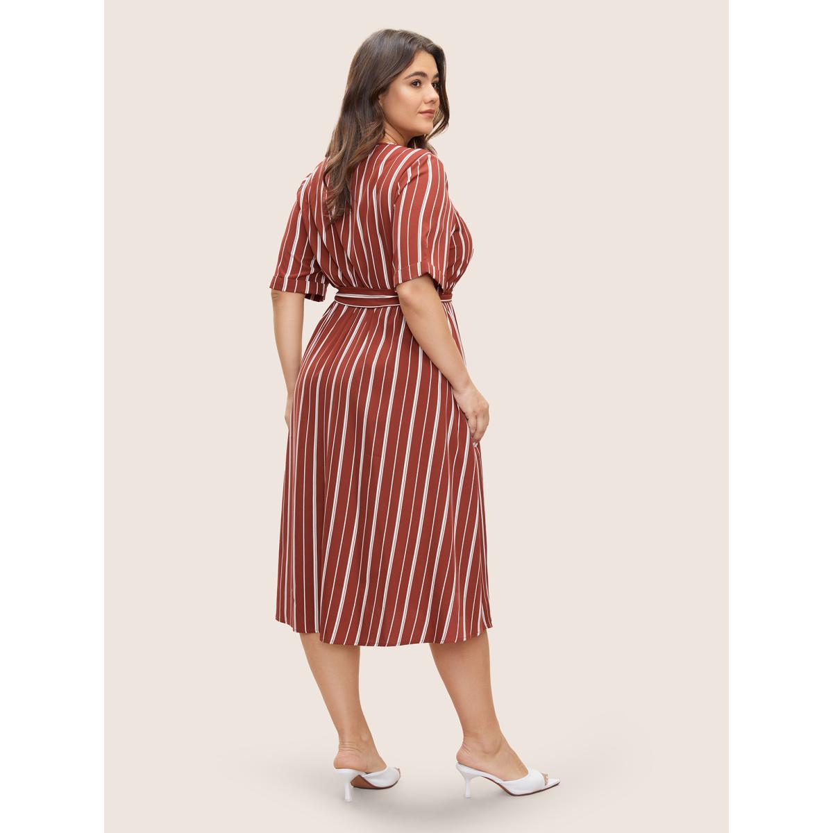 Plus Size Striped Keyhole Pocket Belted Elastic Waist Dress Russet Women At the Office Non Notched collar Half Sleeve Curvy Midi Dress BloomChic 18-20/2X Product Image