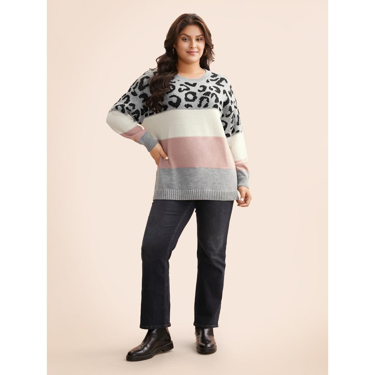 Plus Size Leopard Print Contrast Patchwork Pullover Mediumgray Women Casual Loose Long Sleeve Round Neck Everyday Pullovers BloomChic 22-24/3X Product Image