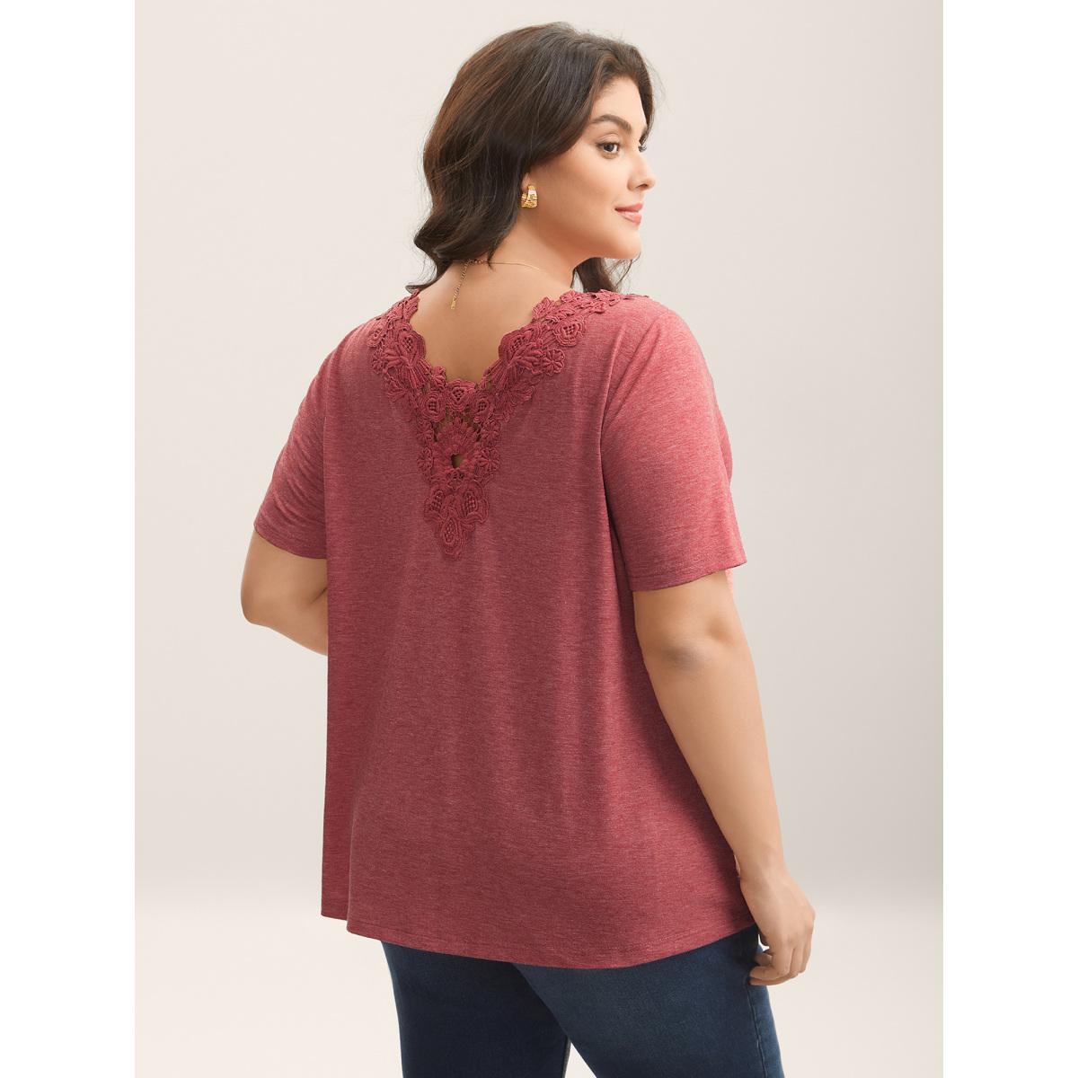 Plus Size Stretchy Floral Backless Plain T-Shirt Russet Women Woven ribbon&lace trim Round Neck Everyday-Elegant T-shirts BloomChic 12/L Product Image
